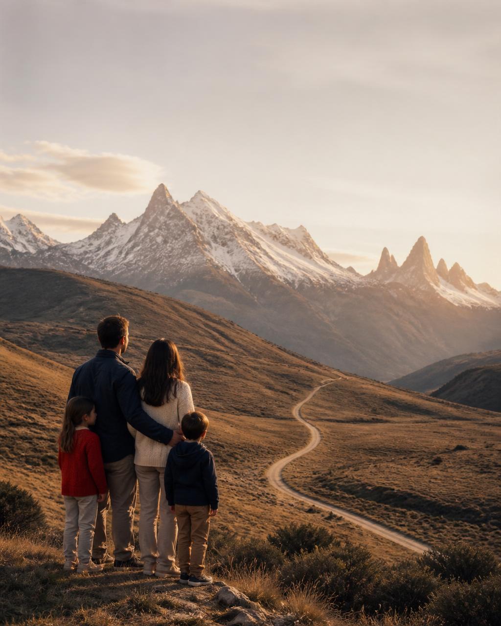 Una familia con equipaje contemplando la cordillera chilena al atardecer